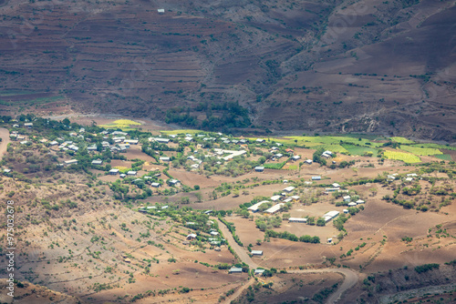 Aerial view to ethiopian settlements  in the valley, Lasla mountains, Lalibela, Amhara Region, Ethiopia. photo