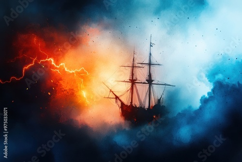 Spectral Voyage: Haunted Pirate Ship Braving the Storm - Watercolor Illustration