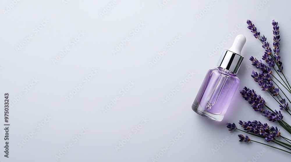 Lavender oil & flowers on white background - space for text Lavender oil & flowers on white background - space for text