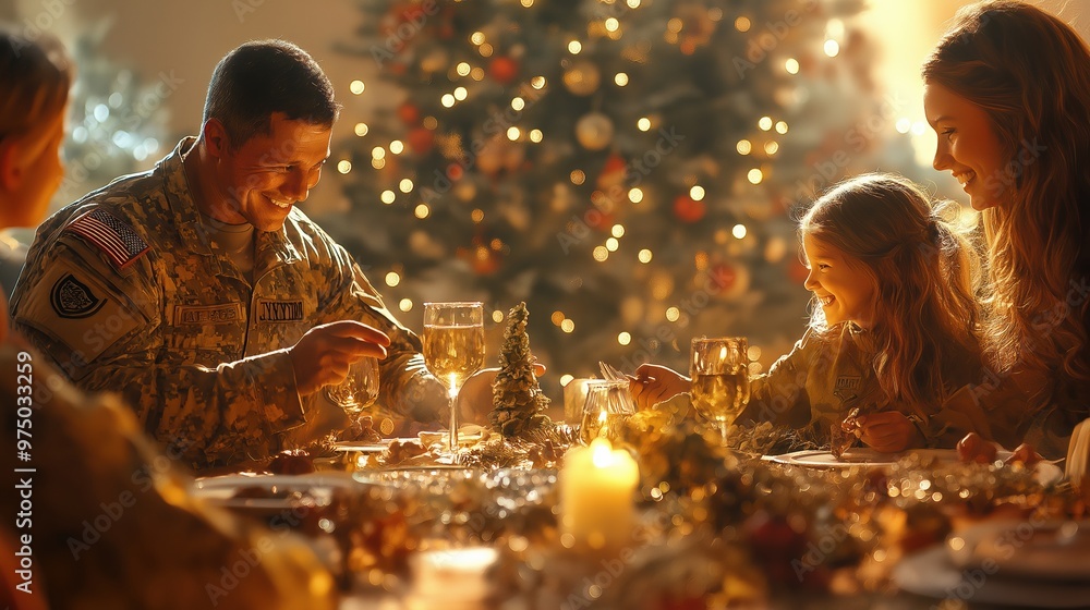 A joyful soldier family posing together in front of a beautifully decorated Christmas tree during the holiday season at home A joyful soldier family posing together in front of a beautifully decorated Christmas tree during the holiday season at home