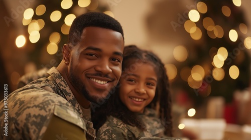 A joyful soldier family posing together in front of a beautifully decorated Christmas tree during the holiday season at home