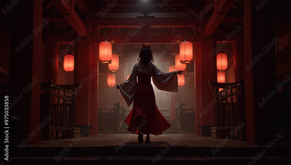 Obraz premium Traditional Japanese woman in a kimono dancing under temple lanterns at night