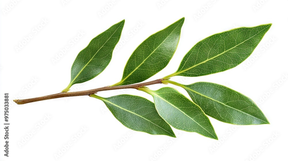 Fototapeta premium A white background features a green leafy branch with a reflection on its rear