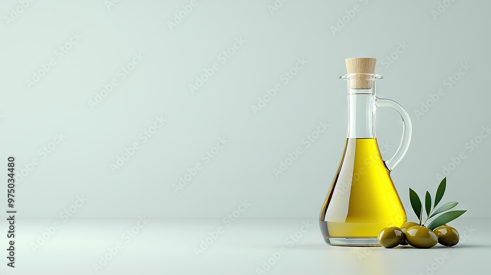 Olive oil & olives on white counter w/ green leaf Olive oil & olives on white counter w/ green leaf