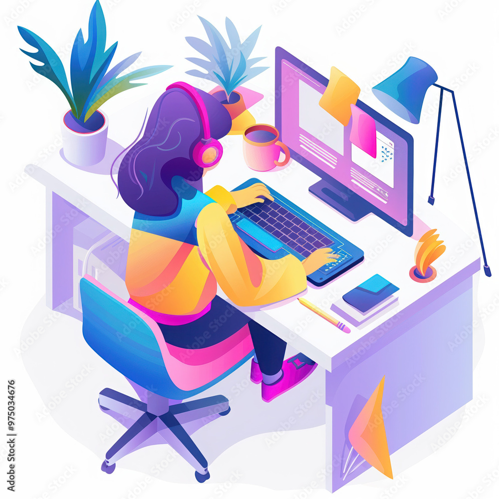Obraz premium computer office desk woman working laptop workspace productivity home office remote work headphones monitor plant coffee lamp stationery notebook