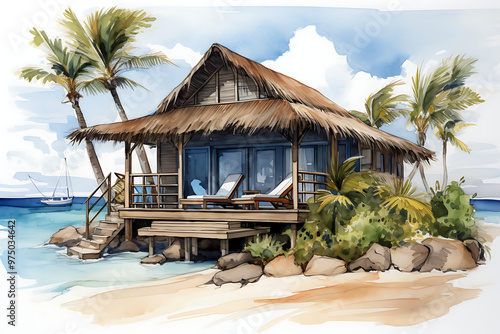 Time to travel. Tropical resort poster vintage. Beach coast traditional huts, palms, ocean. Retro style illustration