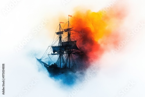 Ghostly Voyage: Cursed Pirate Ship Sailing Through Eerie Mist in Watercolor Style