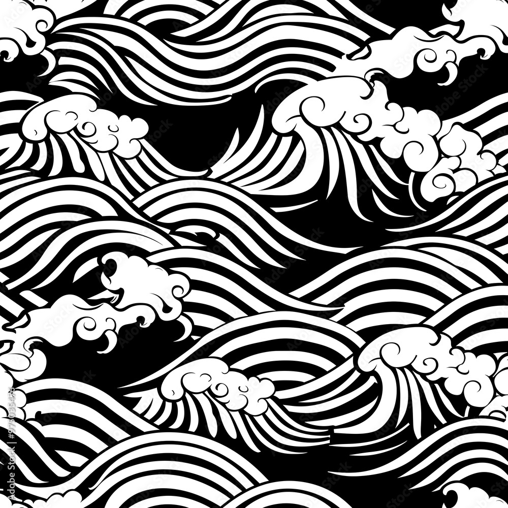 Fototapeta premium Seamless Pattern of Japanese Waves in Black and White