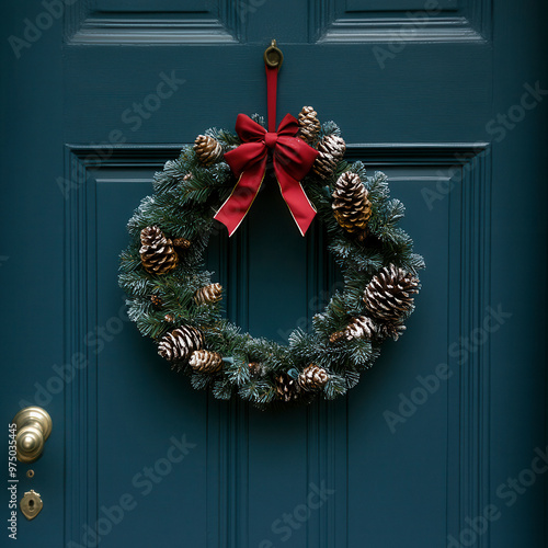 Christmas holiday wreath on beautiful entrance door photo