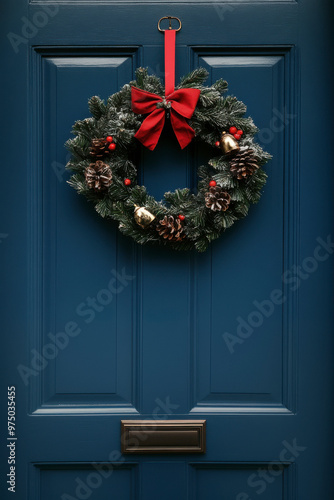 Christmas holiday wreath on beautiful entrance door