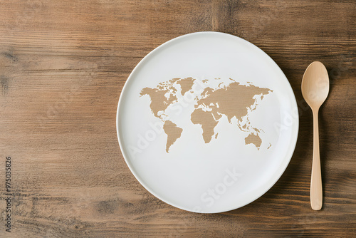 Fototapeta Naklejka Na Ścianę i Meble -  Plate with a World Map Accompanied by a Fork and Spoon | Global Cuisine and International Dining Concept
