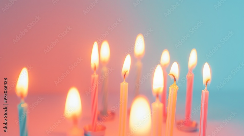 A birthday lit candles on it on pastel background. A birthday lit candles on it on pastel background.