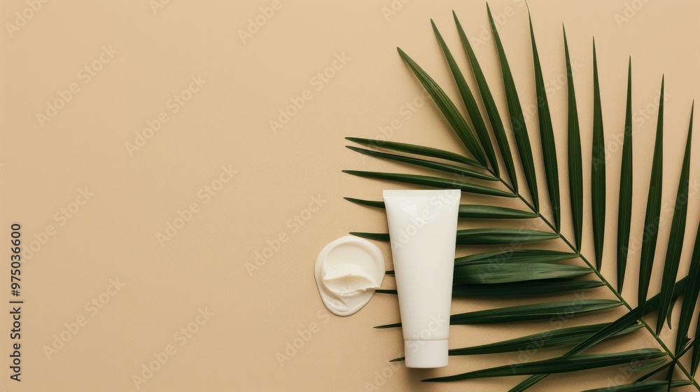 Mock-up. A tube of cream sitting next to a palm leaf, beige background Mock-up. A tube of cream sitting next to a palm leaf, beige background