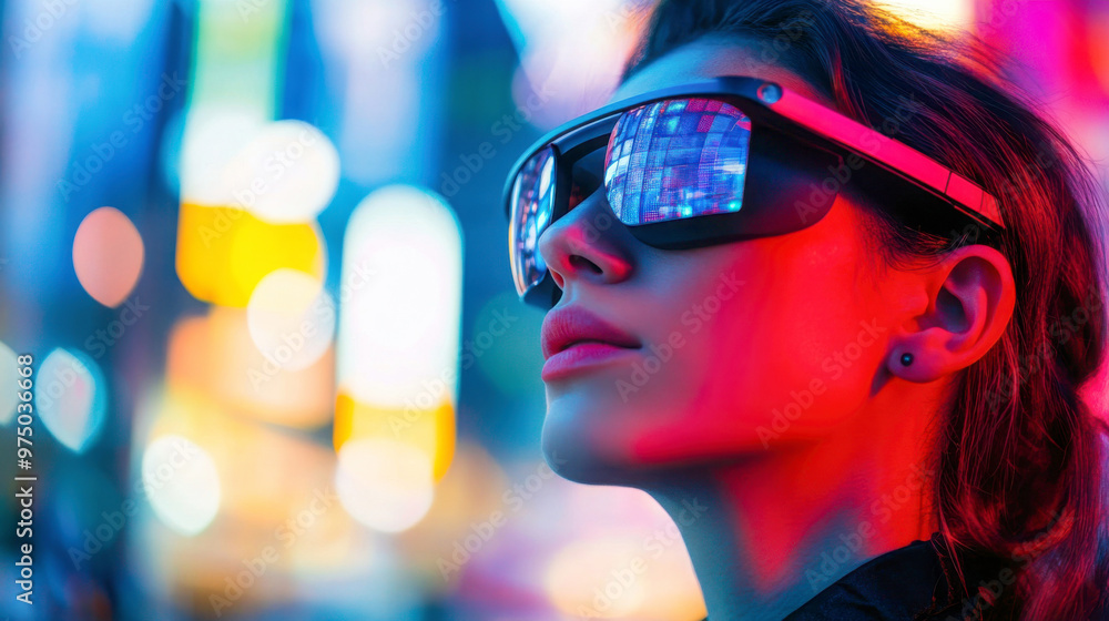 Woman wearing futuristic augmented reality glasses with neon reflections in a vibrant, cyberpunk city environment at night Woman wearing futuristic augmented reality glasses with neon reflections in a vibrant, cyberpunk city environment at night