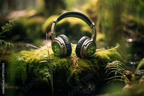 Headphone on spring background.