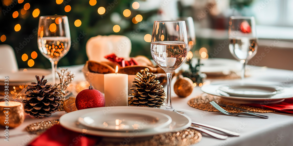 Close-up of table decorated for Christmas dinner, blurred tree in background Close-up of table decorated for Christmas dinner, blurred tree in background