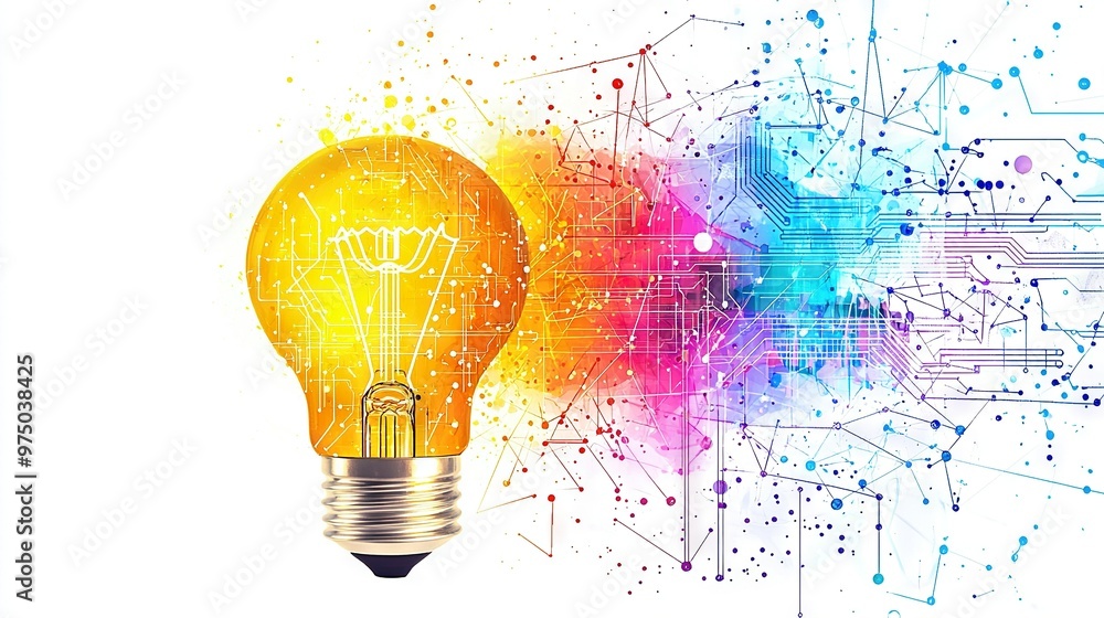 Yellow bulb on white background with dotted, lined brain shape in colorful background Yellow bulb on white background with dotted, lined brain shape in colorful background
