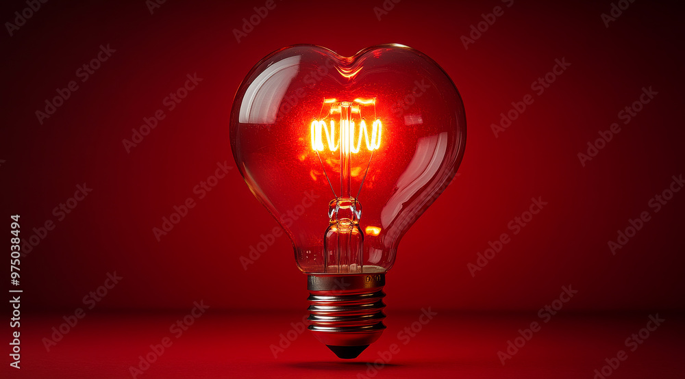 A red light bulb with a heart shape on it. Concept of warmth and love A red light bulb with a heart shape on it. Concept of warmth and love