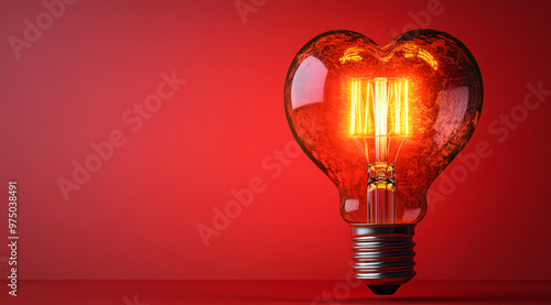 A light bulb with a heart shape is lit up on a red background. Concept of warmth and love, as the heart shape and the glowing light bulb evoke feelings of affection and tenderness
