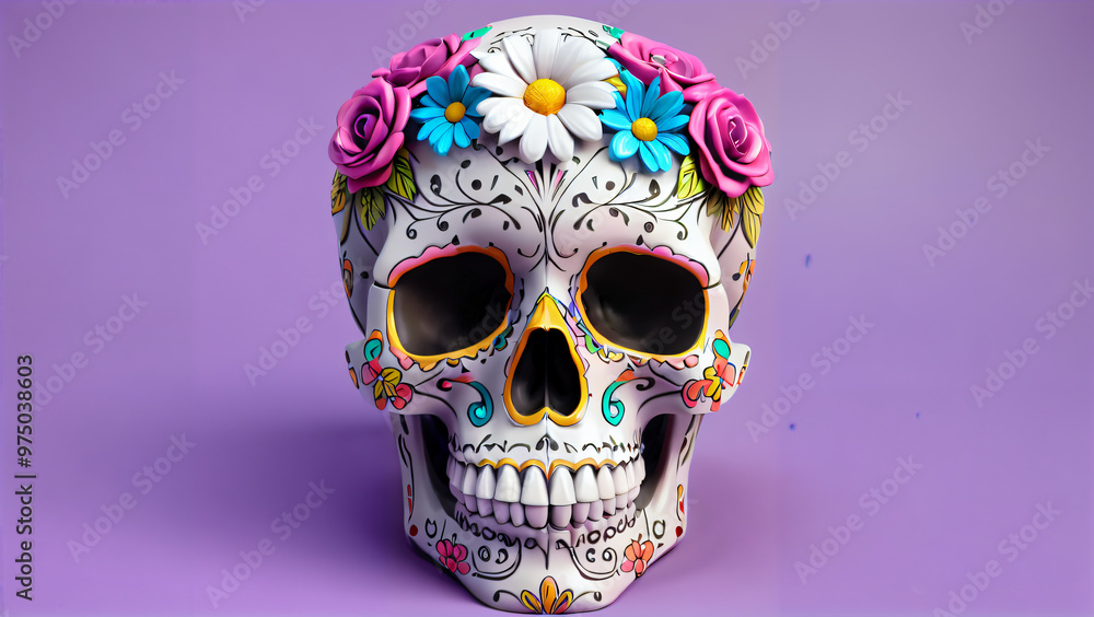 Bright skull Dia de Muertos: celebration of life, death and Mexican tradition with floral motifs and 3D roses Bright skull Dia de Muertos: celebration of life, death and Mexican tradition with floral motifs and 3D roses