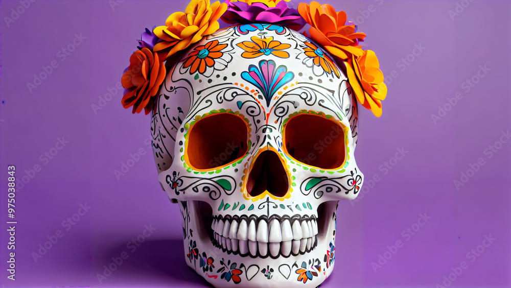 Bright skull Dia de Muertos: celebration of life, death and Mexican tradition with floral motifs and 3D roses Bright skull Dia de Muertos: celebration of life, death and Mexican tradition with floral motifs and 3D roses