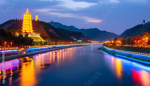 Yanan Baota District night scene, the charm of Yanhe and Dongguan Street photo