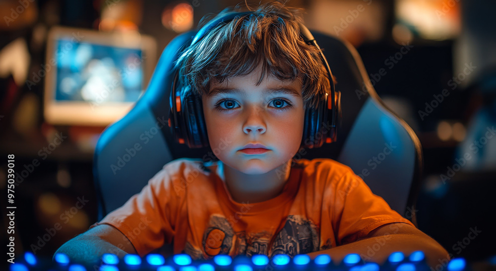 A young boy wearing orange is sitting in front of a computer with a keyboard and a mouse. He is wearing headphones and looking at the screen A young boy wearing orange is sitting in front of a computer with a keyboard and a mouse. He is wearing headphones and looking at the screen