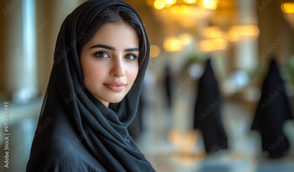 A woman wearing a black scarf and a black head scarf. She has a beautiful smile and is looking at the camera A woman wearing a black scarf and a black head scarf. She has a beautiful smile and is looking at the camera