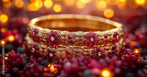 A pair of gold and red bangles with flowers on them. The flowers are made of precious stones and the bangles are set in gold. The bangles are placed on a bed of red flowers, creating a beautiful photo