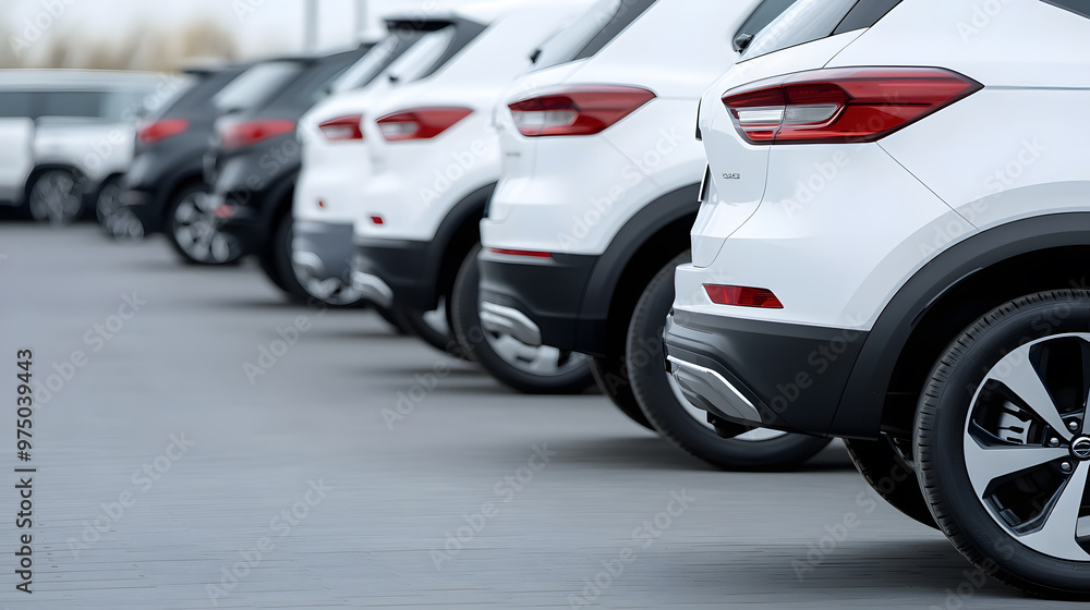Fototapeta premium Row of Different Cars Parked in the Parking Lot | Diverse Vehicle Lineup in Organized Urban Space