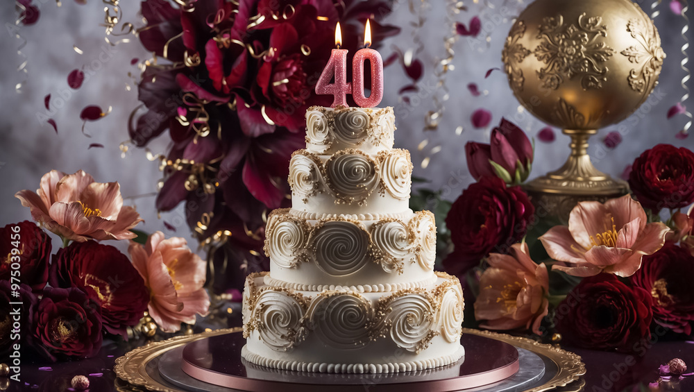 Delicious festive sweet cake with candle number 40, elegant flowers card holiday Delicious festive sweet cake with candle number 40, elegant flowers card holiday