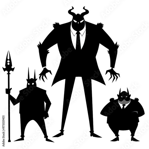 The artwork features a set of boss characters standing in distinct poses with a bold black silhouette style emphasizing their unique attributes and personalities