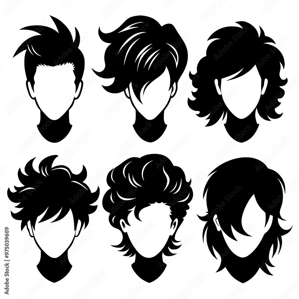 This artwork features a variety of black silhouette hairstyles displayed in different poses highlighting unique styles and lengths This artwork features a variety of black silhouette hairstyles displayed in different poses highlighting unique styles and lengths