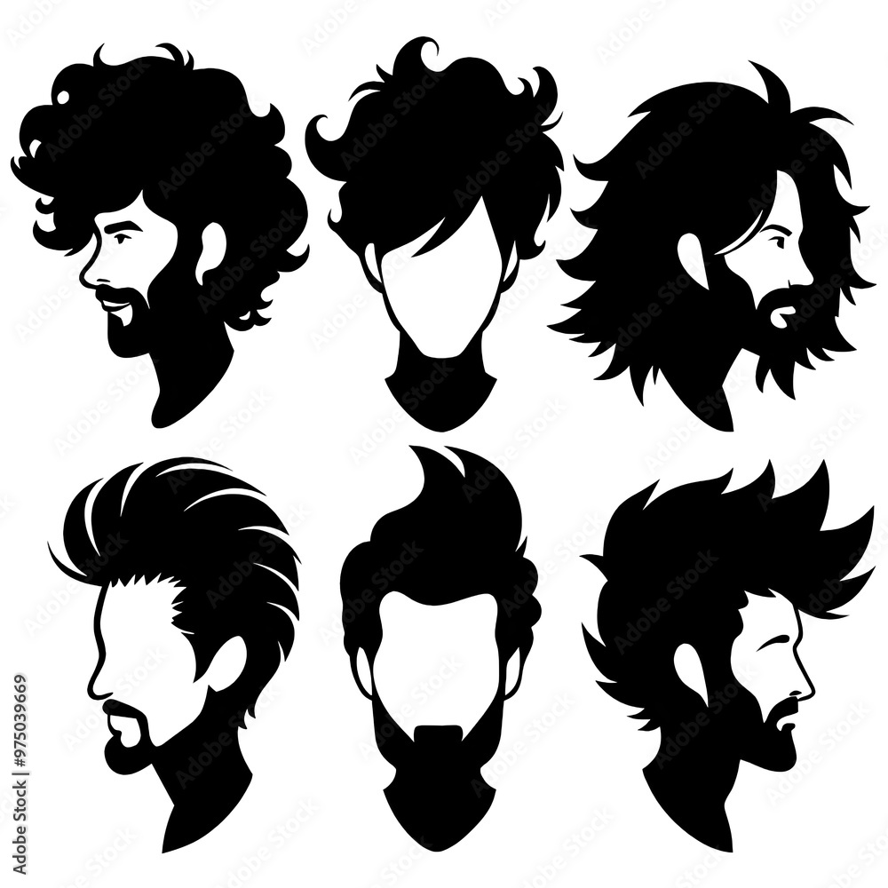 This artwork showcases an array of black silhouette hairstyles in various poses emphasizing their distinct shapes and designs in a striking manner This artwork showcases an array of black silhouette hairstyles in various poses emphasizing their distinct shapes and designs in a striking manner