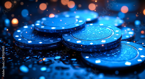 A pile of blue poker chips with a shiny, reflective surface. The chips are stacked on top of each other, creating a visually appealing and eye-catching display