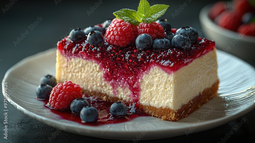 White plate, cheesecake with blueberries and raspberries, bowl of raspberries White plate, cheesecake with blueberries and raspberries, bowl of raspberries