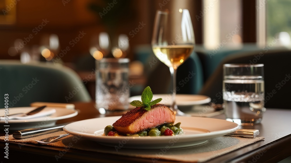 Elegant Dining Experience with Gourmet Steak and White Wine Elegant Dining Experience with Gourmet Steak and White Wine