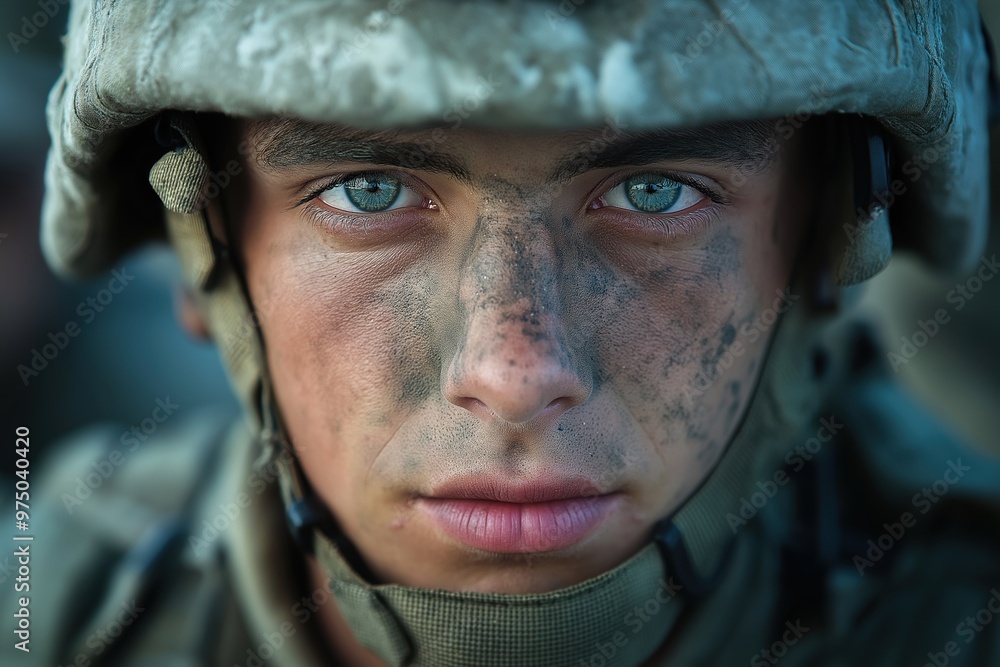 Young soldier in combat gear gazes intensely at the camera during a military training exercise in a rugged outdoor environment Young soldier in combat gear gazes intensely at the camera during a military training exercise in a rugged outdoor environment