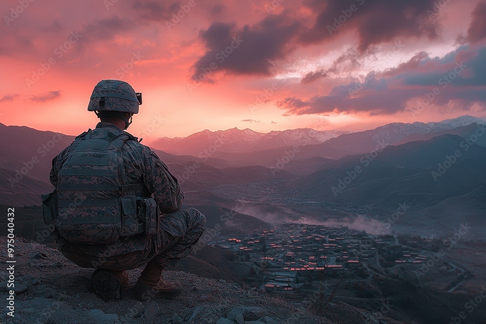 A soldier standing watch at sunset, silhouetted against a vibrant sky filled with clouds in a peaceful landscape A soldier standing watch at sunset, silhouetted against a vibrant sky filled with clouds in a peaceful landscape
