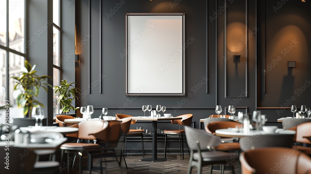 Modern restaurant interior with blank canvas mockup and empty tables. Restaurant design, dining room, cafe, bar, and interior decor concept. Modern restaurant interior with blank canvas mockup and empty tables. Restaurant design, dining room, cafe, bar, and interior decor concept.