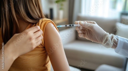 Doctor vaccinating woman in clinic. vaccination, disease prevention, close-up.