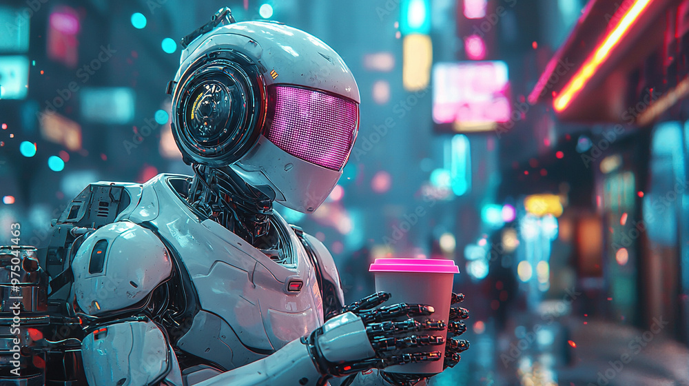 Robot with coffee cup on city street at night amidst neon lights and buildings Robot with coffee cup on city street at night amidst neon lights and buildings