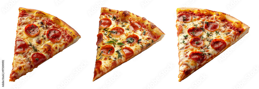 Pepperoni pizza slices isolated on transparent background with melted cheese and crispy crust Pepperoni pizza slices isolated on transparent background with melted cheese and crispy crust
