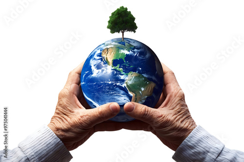 Old wrinkled hands holding planet earth, globe on the palm, eco environment, global connection, background, isolated on transparent background