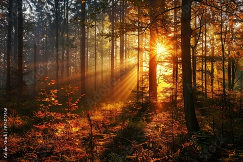 Golden sunlight is illuminating the fog in a colorful forest at sunrise in autumn