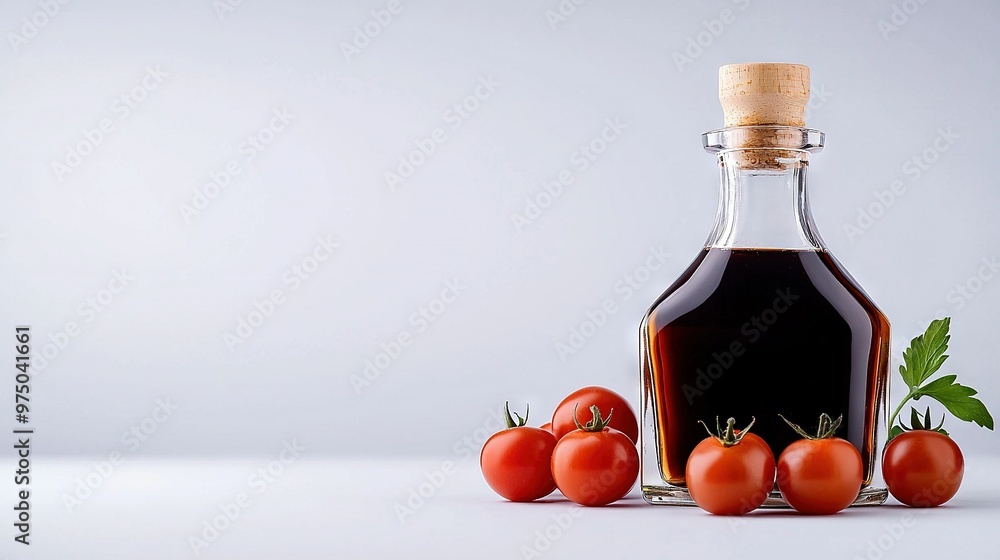 A white table with a gray background holds a bottle of ketchup and a cluster of cherry tomatoes, displayed alongside ripe red tomatoes A white table with a gray background holds a bottle of ketchup and a cluster of cherry tomatoes, displayed alongside ripe red tomatoes