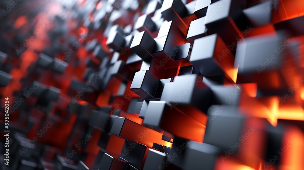 Fototapeta premium Abstract background with glowing red and black cubes. 3D render.