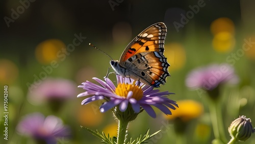 A beautiful butterfly resting on a vibrant flower in a blooming meadow, with the sun shining brightly in the background.