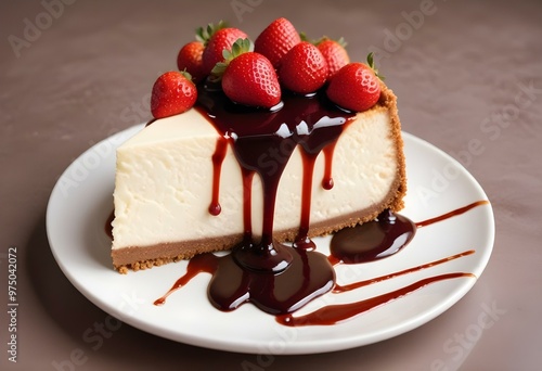 A close-up image of a cheesecake with a graham cracker crust, topped with fresh strawberries and drizzled with a dark red sauce or syrup