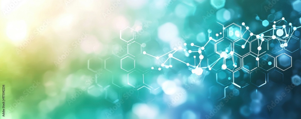custom made wallpaper toronto digitalAbstract blue and green background with interconnected hexagons and bokeh lights, symbolizing modern technology and innovation